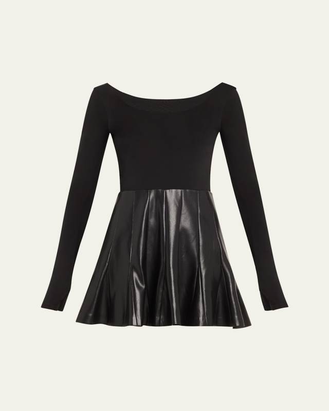 Chara Vegan Leather Long-Sleeve Pleated Mini Dress